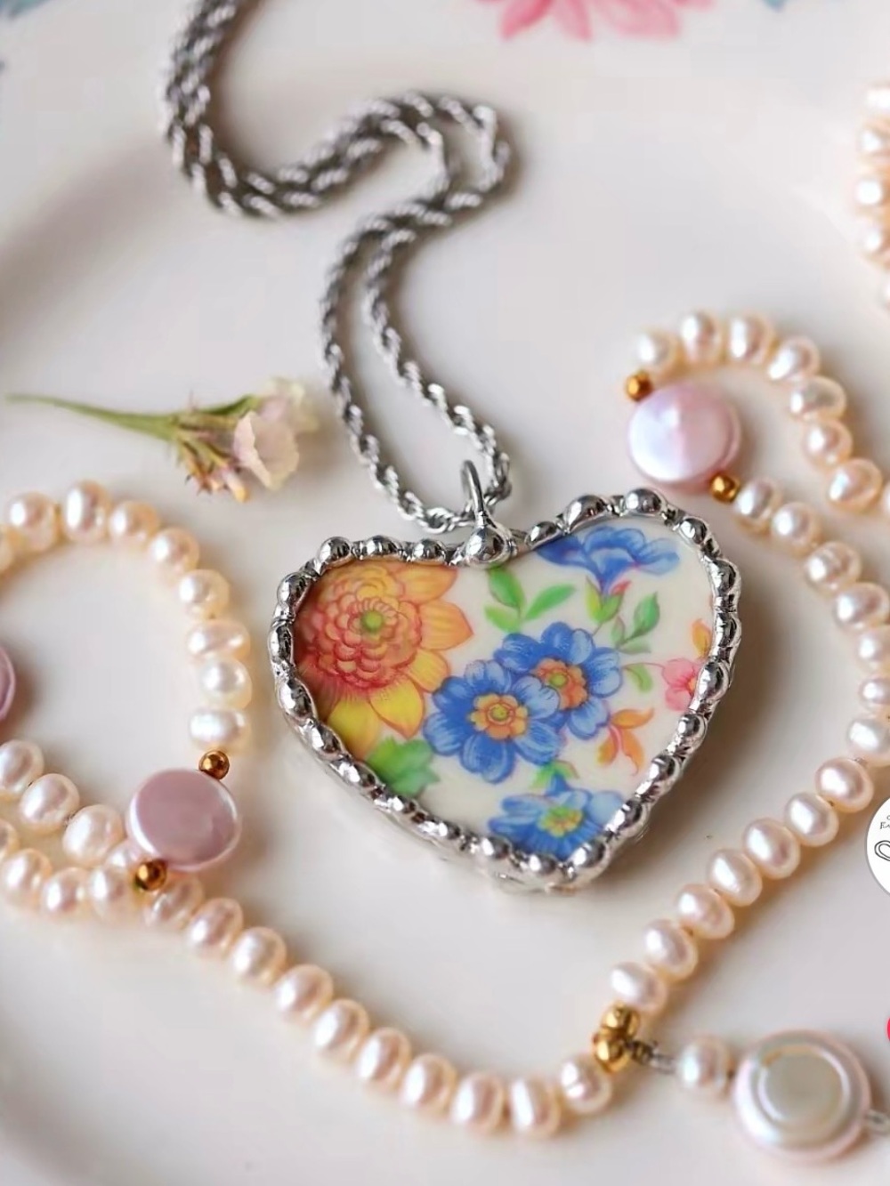 Original One-of-a-Kind Broken China Pendant Necklace - Silver